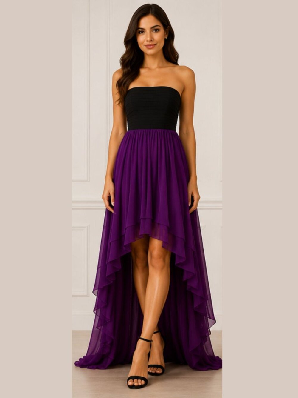 Alessandro Miele Italy Strapless Open-Back High-Low Chiffon Gown – Purple & Blac